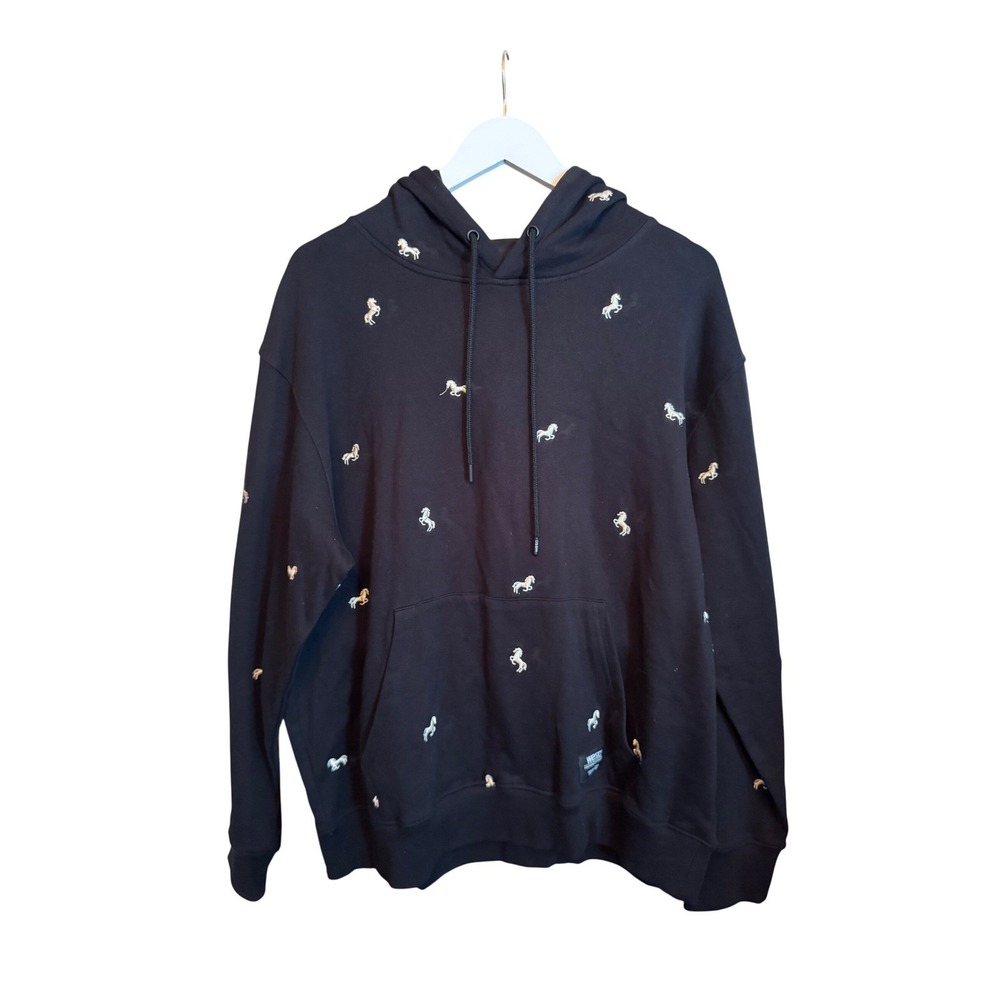 WESC 90s Mike Hoodie Wild Horses Embroidered‎ Black LXL Unisex Baggy Pullover